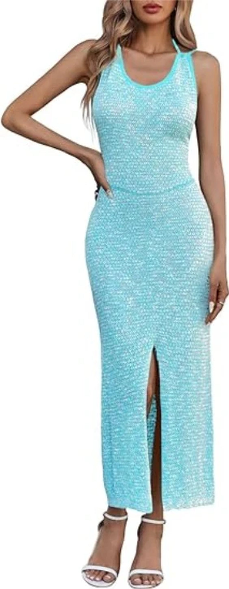 Women Backless Midi Dress Summer Beach Bodycon Halter Sleeveless Sexy Slit Cover-Up Dress