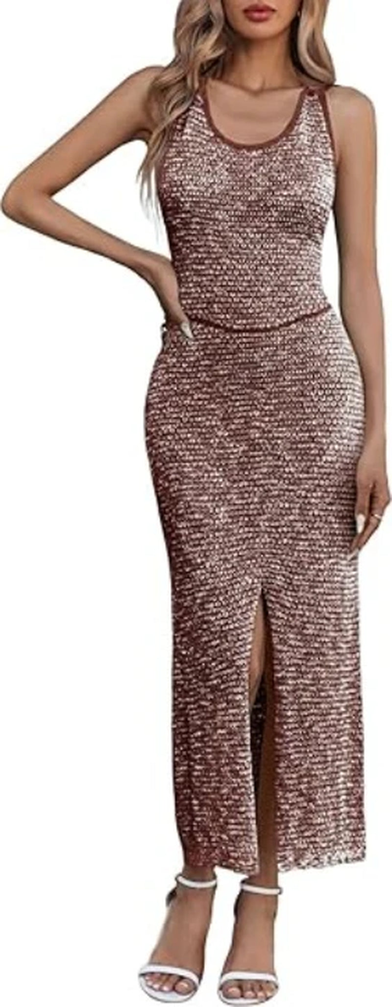 Women Backless Midi Dress Summer Beach Bodycon Halter Sleeveless Sexy Slit Cover-Up Dress