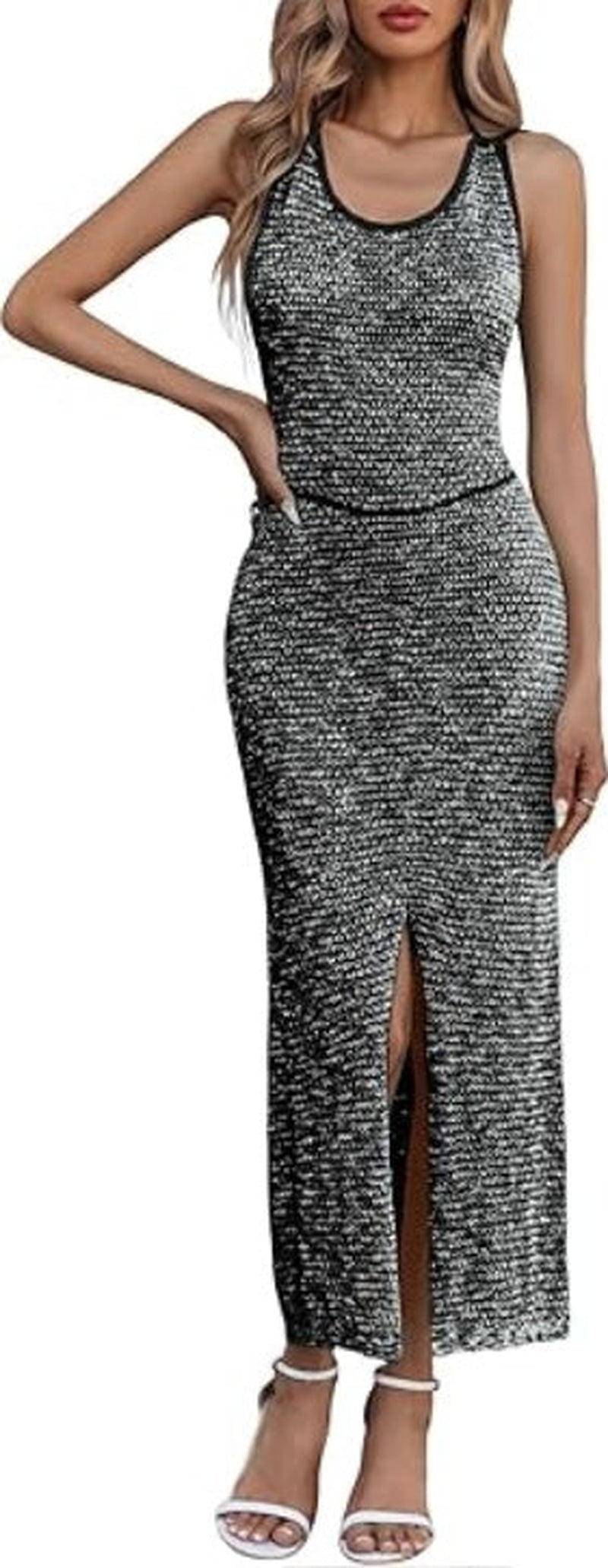 Women Backless Midi Dress Summer Beach Bodycon Halter Sleeveless Sexy Slit Cover-Up Dress