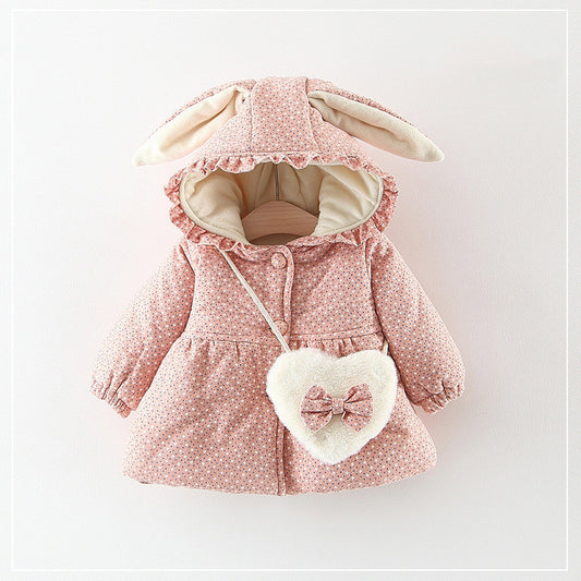 Pink children's coat with bunny ears and a heart-shaped pouch on a white background