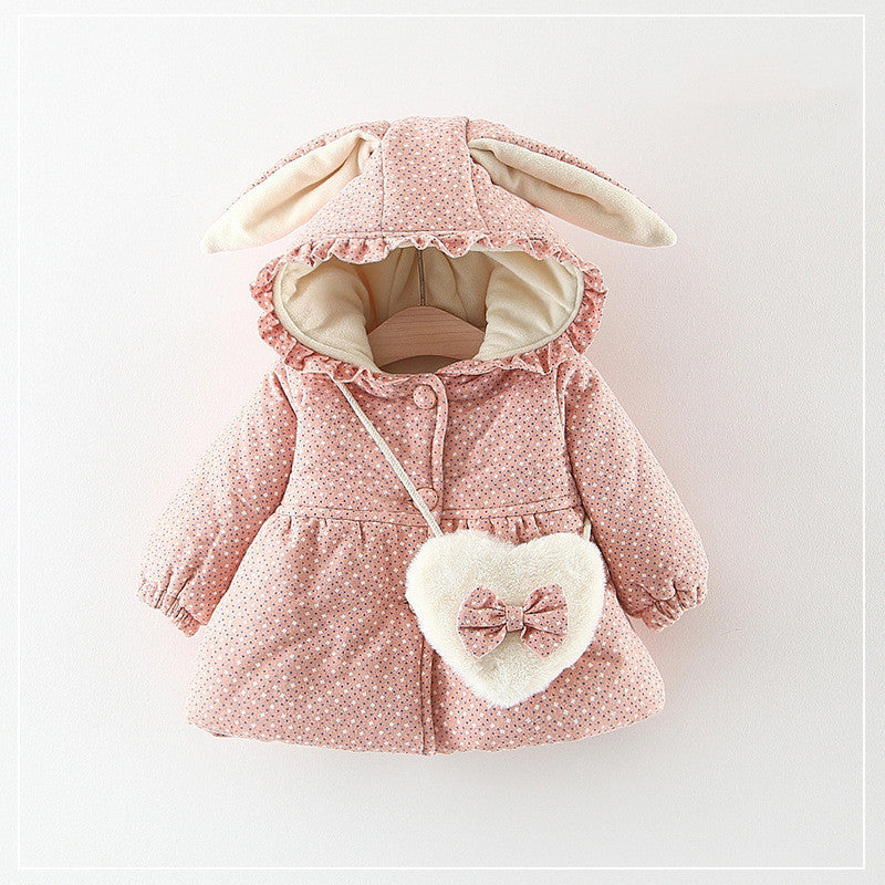 Pink children's coat with bunny ears and a heart-shaped pouch on a white background