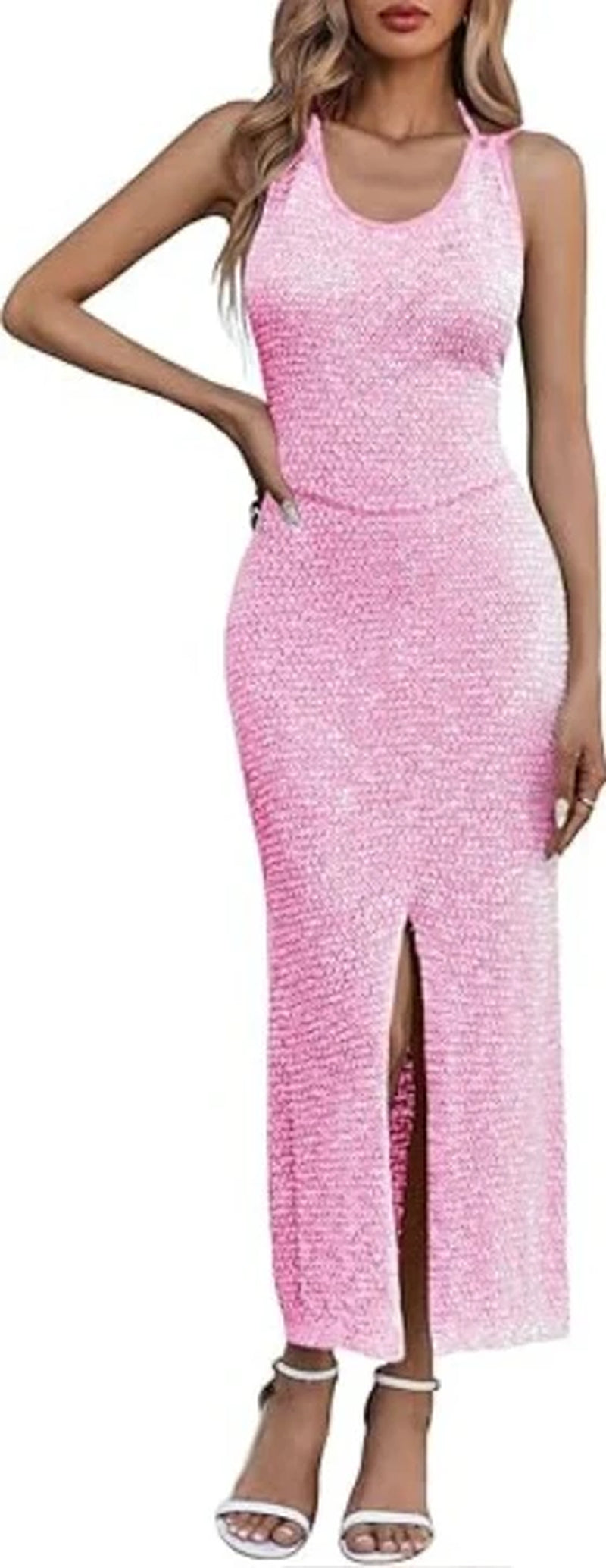 Women Backless Midi Dress Summer Beach Bodycon Halter Sleeveless Sexy Slit Cover-Up Dress