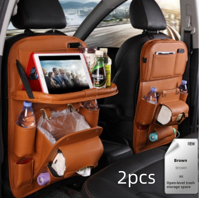 Two brown car seat back organizers with various items inside a vehicle.
