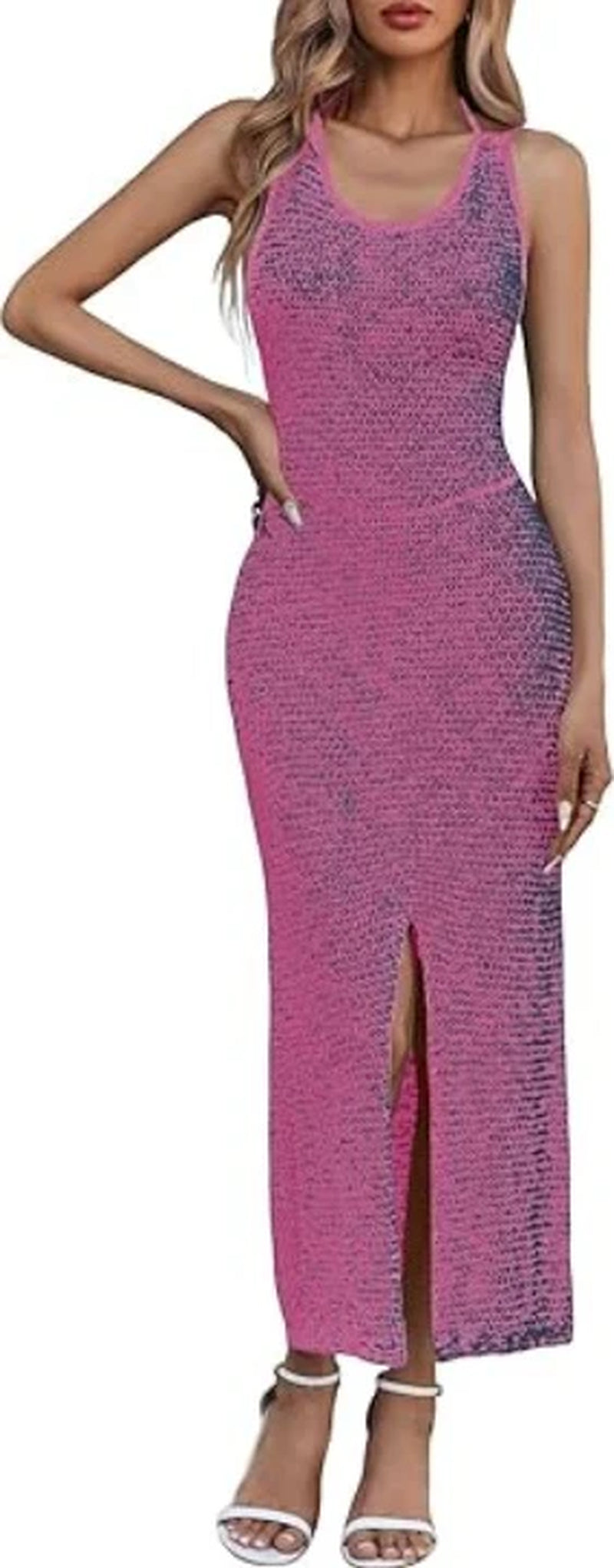 Women Backless Midi Dress Summer Beach Bodycon Halter Sleeveless Sexy Slit Cover-Up Dress