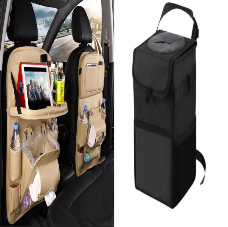 Car organizer with multiple compartments and a black insulated wine bag.