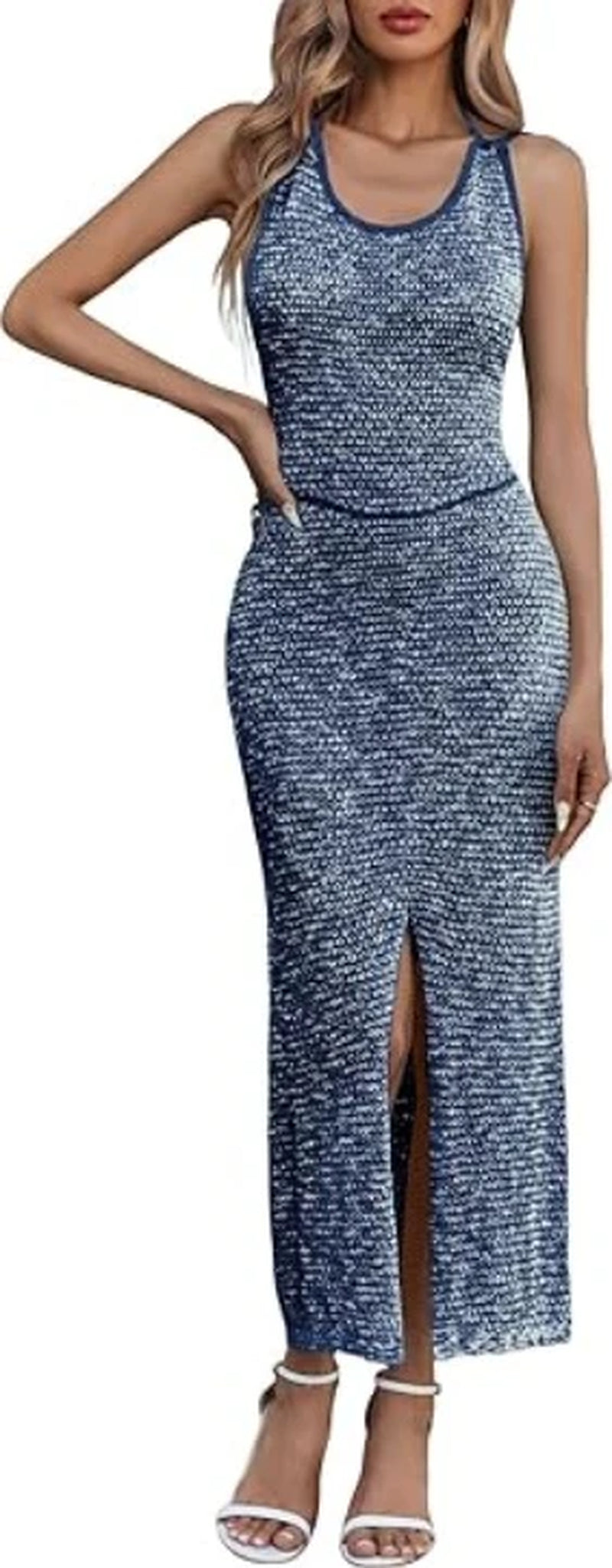 Women Backless Midi Dress Summer Beach Bodycon Halter Sleeveless Sexy Slit Cover-Up Dress