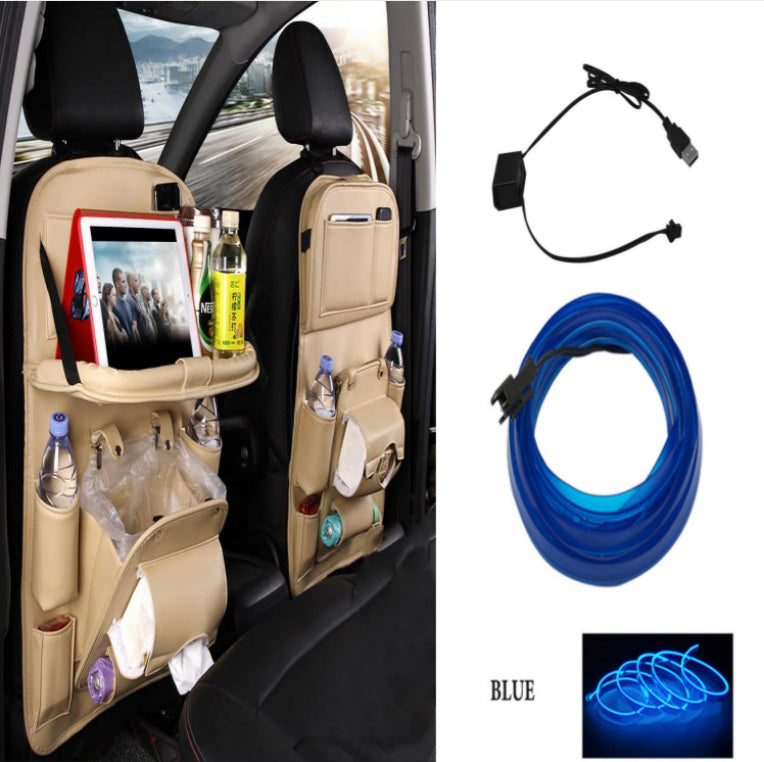 Car seat organizer with tablet holder, water bottles, and snacks with blue LED strip light on a white background.
